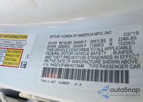 2019 Honda Accord Hybrid Touring z USA, uszkodzony, nr VIN 1HGCV3F99KA010448